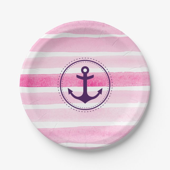 Assiettes En Carton Aquarelles rose mignonne Motif Ancre violet (Devant)