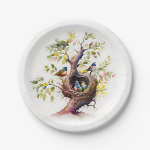 Assiettes En Carton Arbre aquarelle avec un nid d'oiseaux