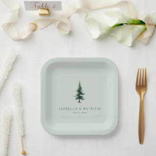 Assiettes En Carton Arbre aquarelle vert calme et atténué
