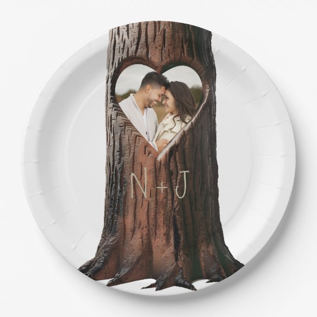 Assiettes En Carton Arbre Coeur Sculpté Souche Rustique Mariage Minima (Devant)