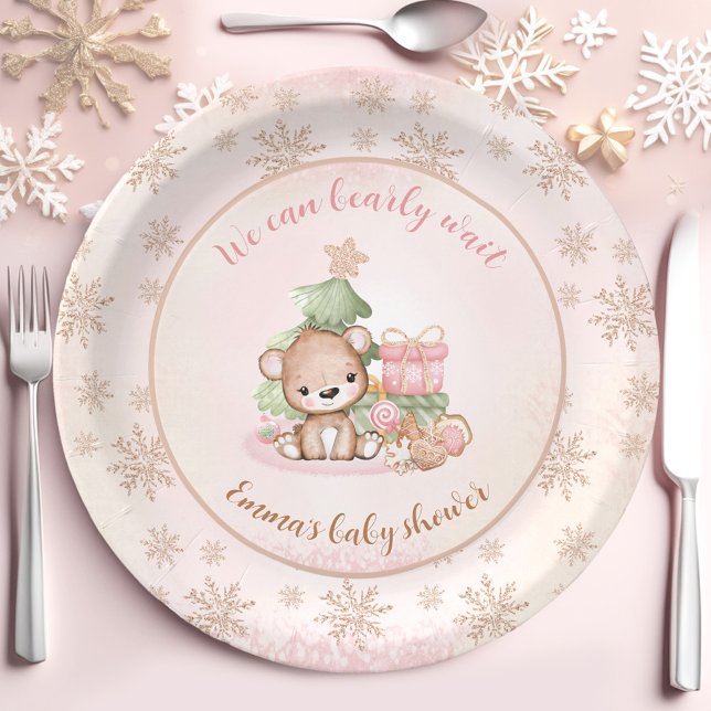Assiettes En Carton Arbre de Noël Bébé Ours Fille Baby shower (Christmas Tree Baby Bear Girl Baby Shower Paper Plates)