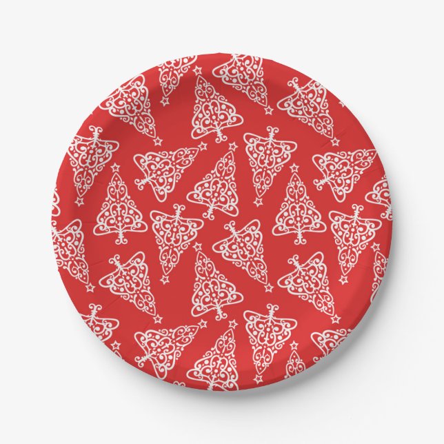 Assiettes En Carton Arbre de Noël blanc avec dossier rouge (Devant)