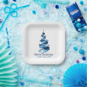 Assiettes En Carton Arbre de Noël bleu Aquarelle