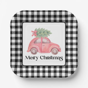 Assiettes En Carton Arbre de Noël de la voiture rose aquarelle