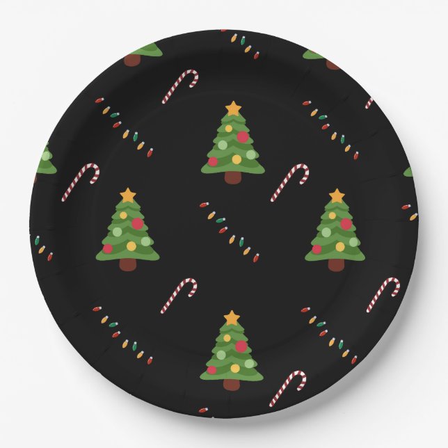 Assiettes En Carton Arbre de Noël en noir (Devant)