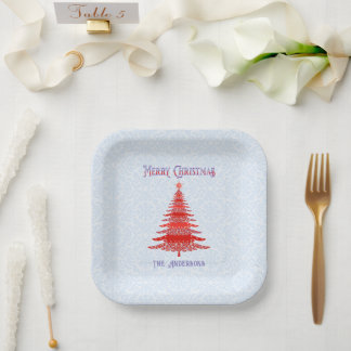 Assiettes En Carton Arbre de Noël moderne Personnalisé Rouge bleu
