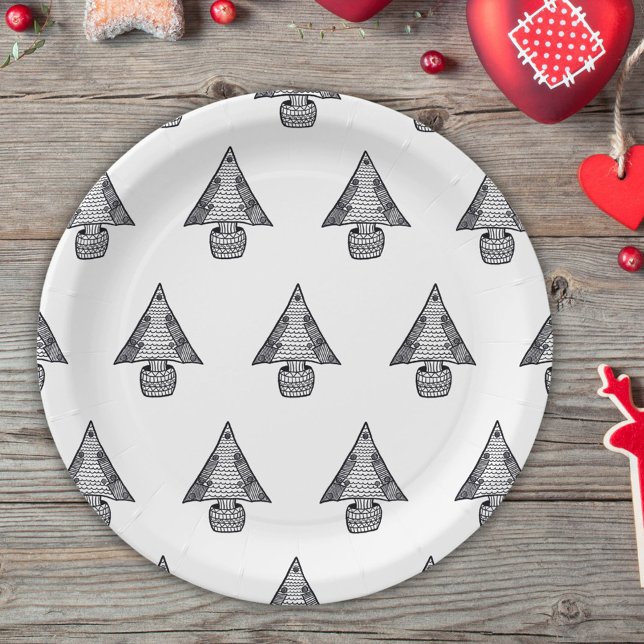 Assiettes En Carton Arbre de Noël Motif de dessin noir et blanc (Créateur téléchargé)