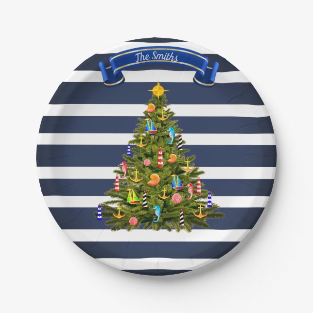 Assiettes En Carton Arbre de Noël nautique personnalisé (Devant)