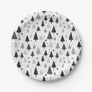 Assiettes En Carton Arbre de Noël noir, blanc et gris Motif