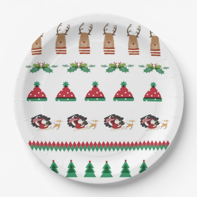 Assiettes En Carton Arbre de Noël Père Noël Reindeer présente Red Gree (Devant)