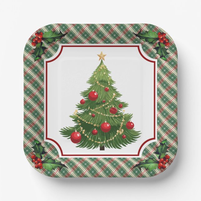 Assiettes En Carton Arbre de Noël plaqué avec Holly (Recto)