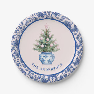 Assiettes En Carton Arbre de Noël rose et bleu avec bordure Damé