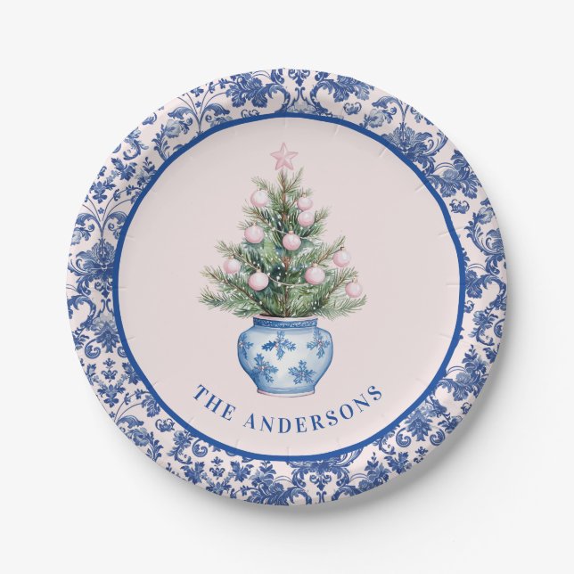 Assiettes En Carton Arbre de Noël rose et bleu avec bordure Damé (Devant)