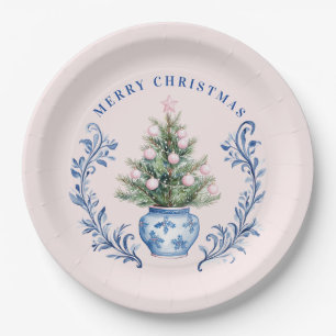 Assiettes En Carton Arbre de Noël rose et bleu Damas