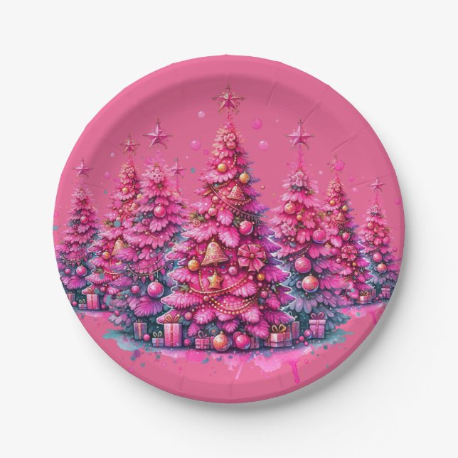 Assiettes En Carton Arbre de Noël rose tendance Preppy esthétique (Devant)
