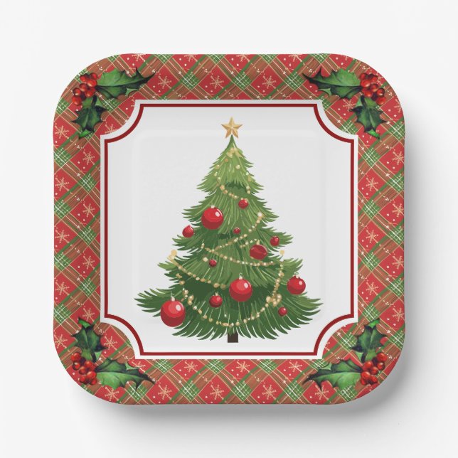Assiettes En Carton Arbre de Noël Rouge plaqué avec Holly (Recto)