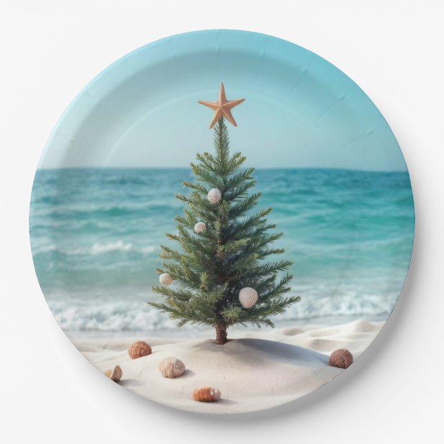 Assiettes En Carton Arbre de Noël tropical sur une plage (Devant)