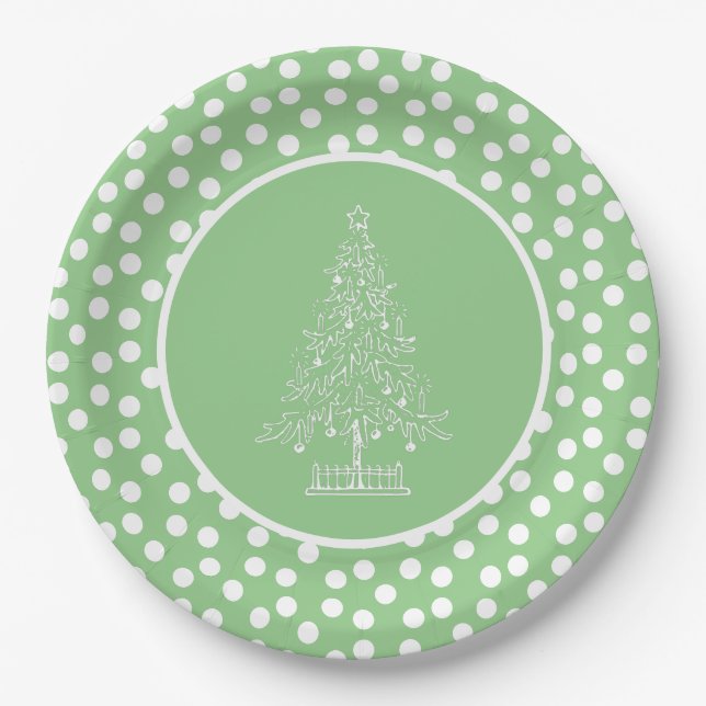 Assiettes En Carton Arbre de Noël vert et blanc (Devant)