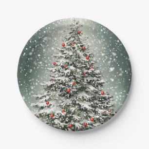Assiettes En Carton Arbre de Noël vert Ornements colorés Neige blanche