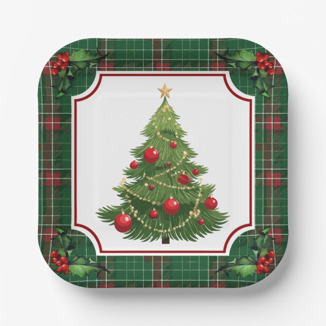 Assiettes En Carton Arbre de Noël vert plaqué avec Holly (Recto)