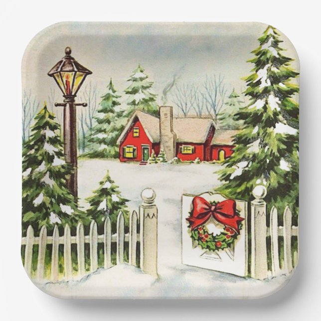 Assiettes En Carton Arbres à pins de la Maison Rouge de Noël (Recto)