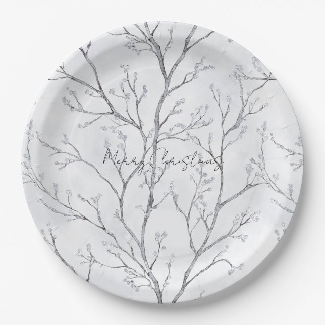 Assiettes En Carton Arbres blancs de Noël argentés (Devant)