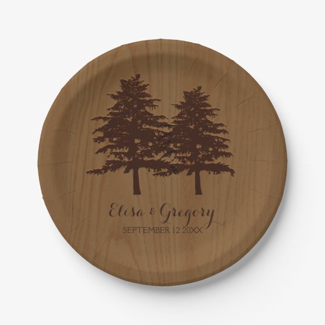 Assiettes En Carton Arbres sur bois brun mariage (Devant)