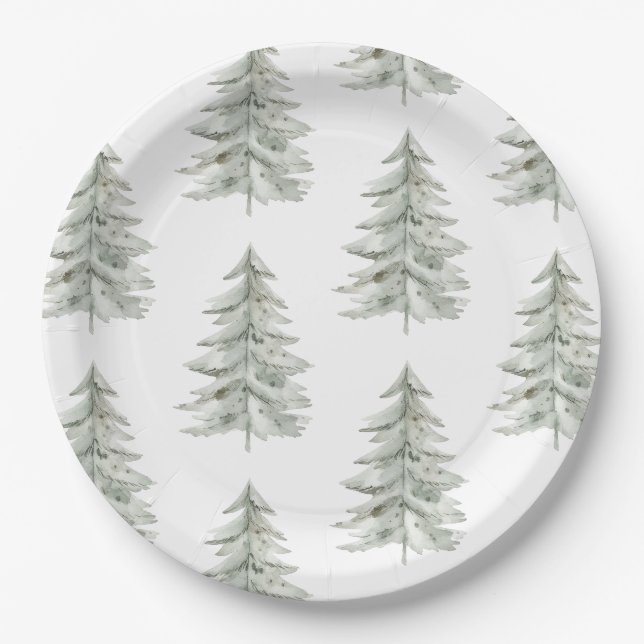 Assiettes En Carton Arbres verts blancs de Noël (Devant)