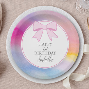 Assiettes En Carton Arc-en-ciel Aquarelle Élégant Nœud Rose Premier An