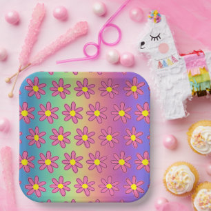 Assiettes En Carton Arc-en-ciel et Fleurs