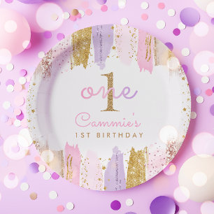 Assiettes En Carton Arc-en-ciel rose et or 1er anniversaire