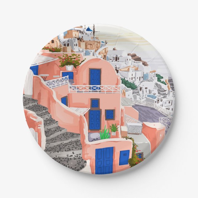 Assiettes En Carton Architecture de Santorin en Grèce (Devant)