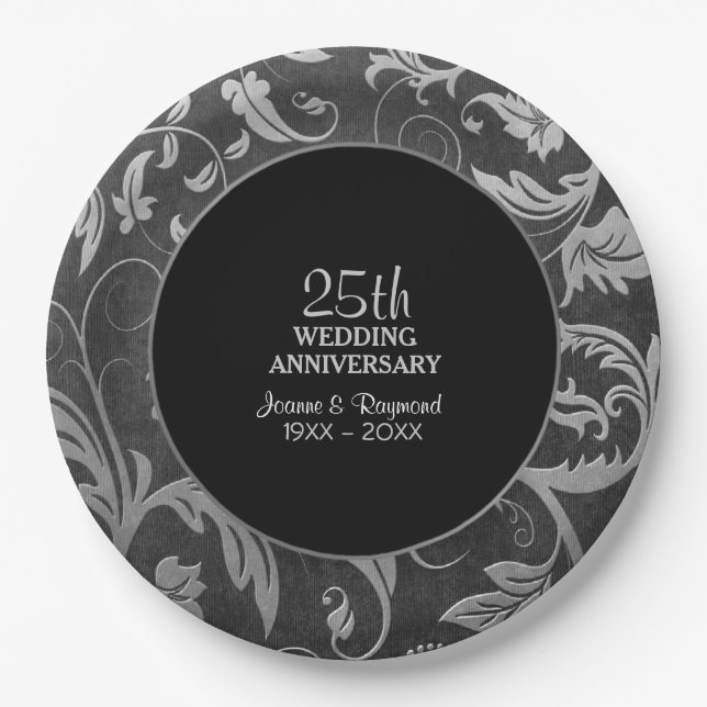 Assiettes En Carton Argent Noir Damas 25e anniversaire (Devant)