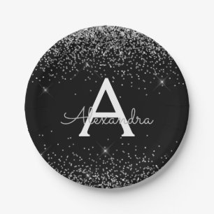 Assiettes En Carton Argent noir Parties scintillant étincelle Monogram