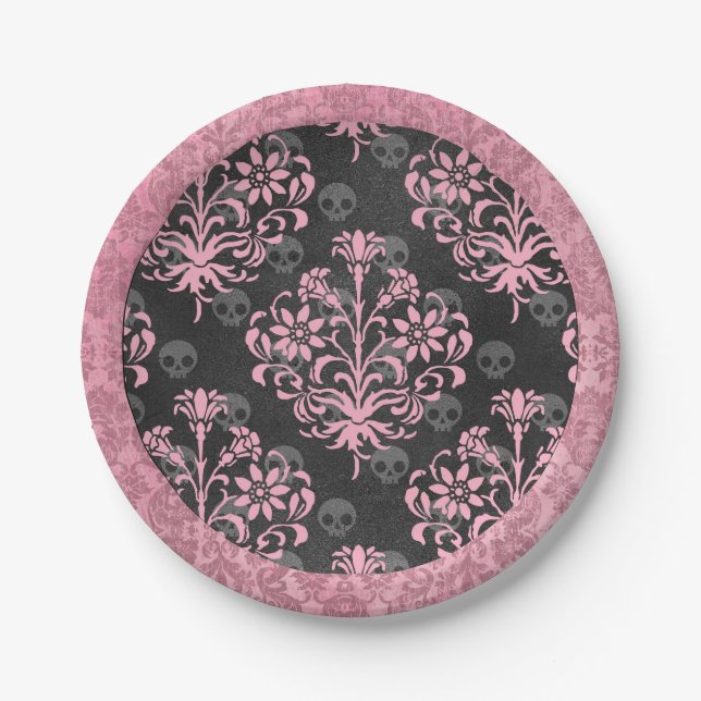 Assiettes En Carton Arlequin rose et noir et Damas (Devant)