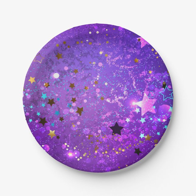 Assiettes En Carton Arrière - plan de feuille violet avec étoiles (Devant)