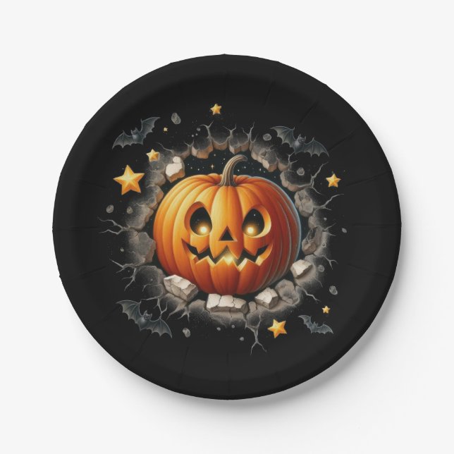 Assiettes En Carton Arrière - plan d'Halloween noir avec Citrouille or (Devant)