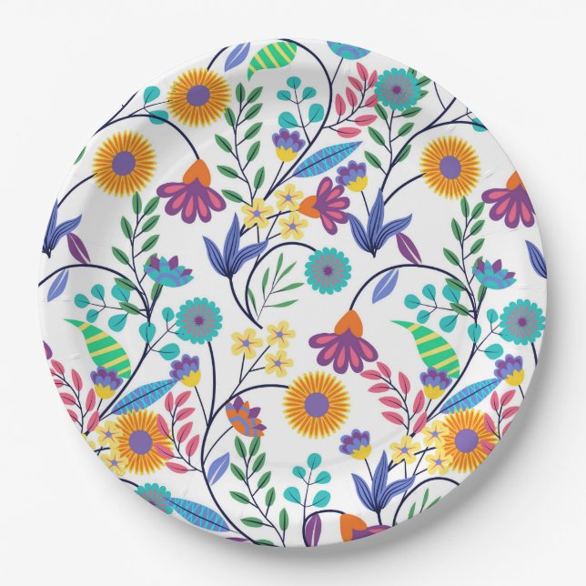 Assiettes En Carton Arrière - plan floral exotique coloré Motif-23145 (Devant)