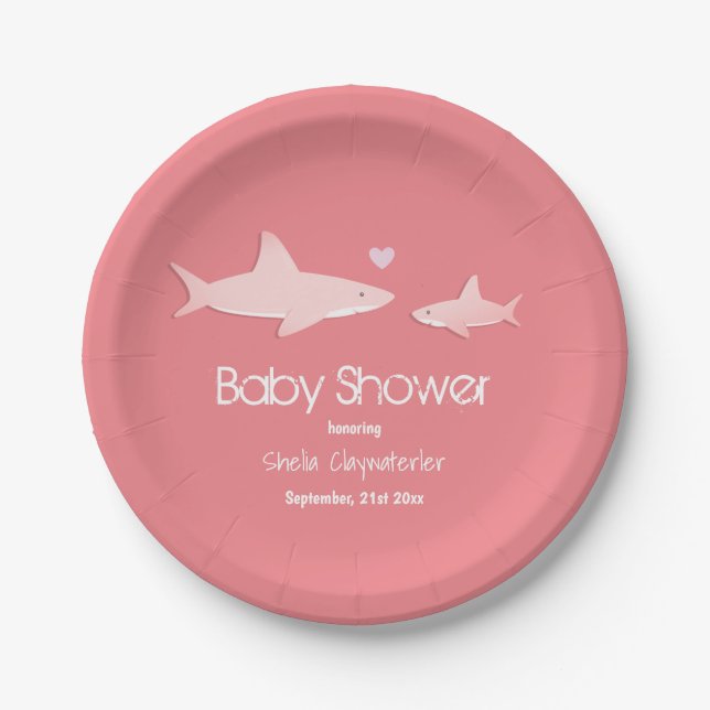 Assiettes En Carton Arrière - plan rose uni aux requins mignons | BABY (Devant)