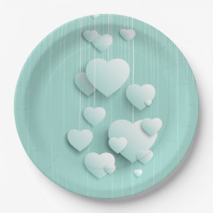 Assiettes En Carton Arrière - plan vert clair avec coeur blanc 3D