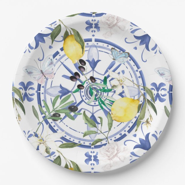Assiettes En Carton Arrondi, orné, tuile espagnole, méditerranéenne, c (Devant)