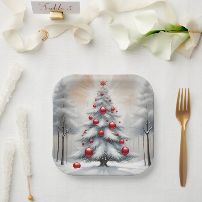 Assiettes En Carton Art Déco Noël Rouge Ornements hiver (Mariage)