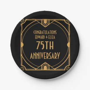 Assiettes En Carton Art Déco Noms 75e anniversaire Mariage Noir