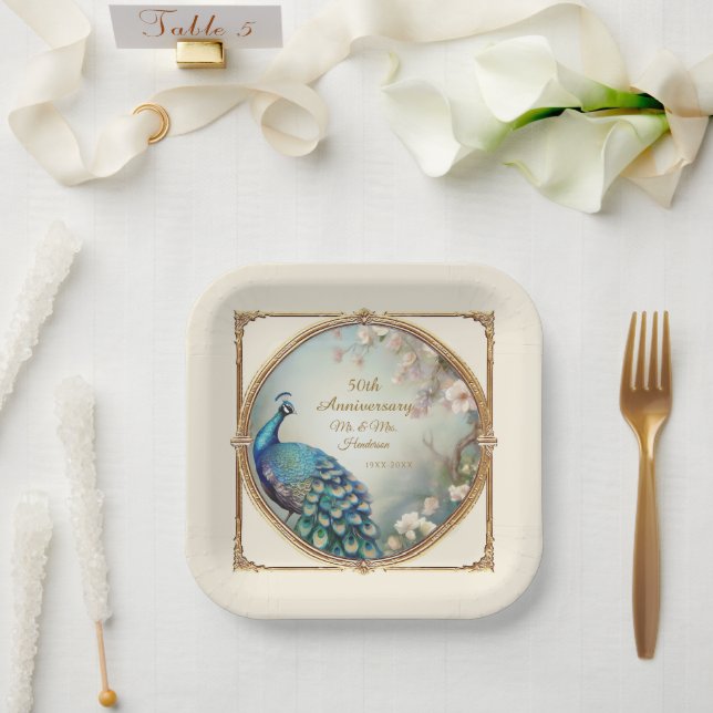 Assiettes En Carton Art Déco Peacock Fleur élégante 50e anniversaire (Mariage)