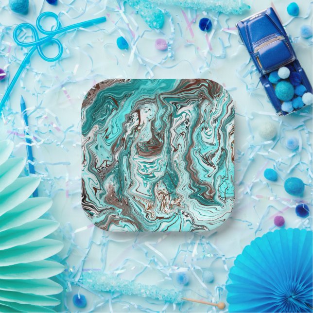 Assiettes En Carton Art fluide en marbre turquoise et noir (Fête)
