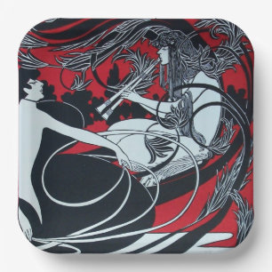 Assiettes En Carton ART NOUVEAU FAUN Rouge Bourgogne, Noir Blanc