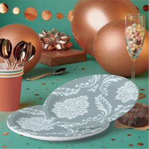 Assiettes En Carton Art Rococo Damassé I Bleu Canard+Turquoise
