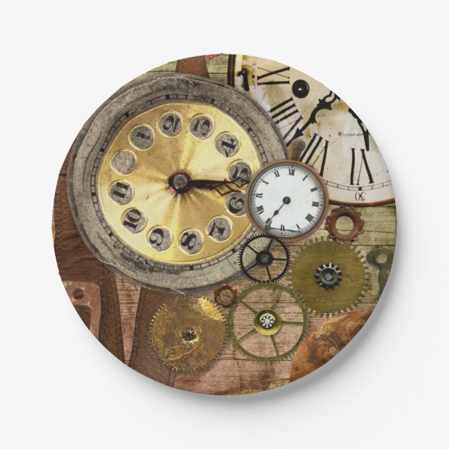 Assiettes En Carton Art rouillé de Steampunk d'horloges vieil (Devant)
