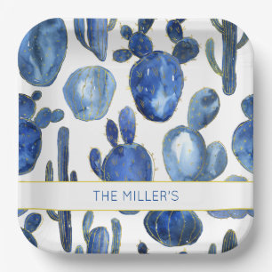 Assiettes En Carton Artisan Blue Gold Cactus Desert NAME Aquarelles