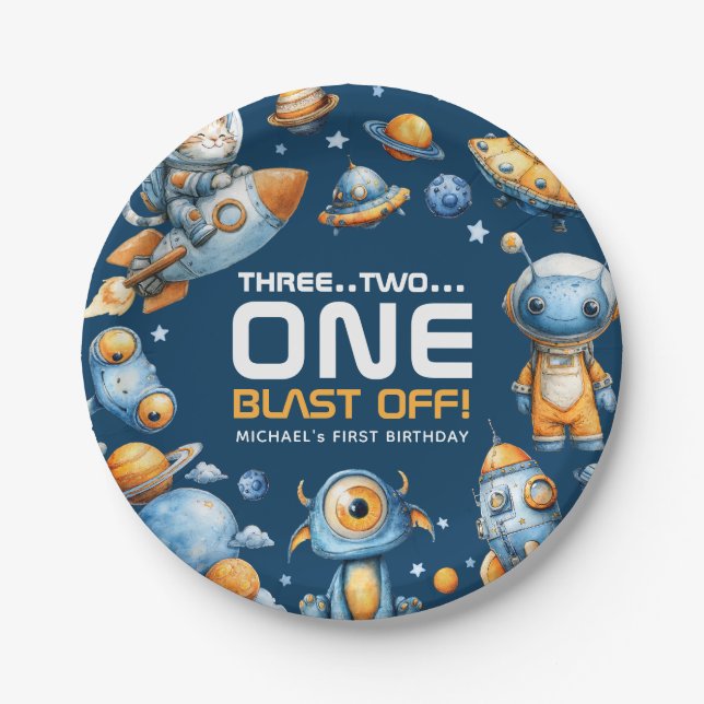 Assiettes En Carton Astronaut Cat Space Rocket Blast Off 1st Birthday  (Devant)